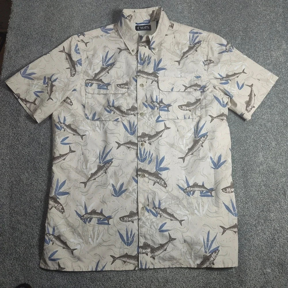 Chaps Shirt Mens M Beige Fish Print Short Sleeve Button  Casual Fishing Outdoor